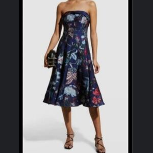 Marchesa Notte Women's Blue Strapless Floral Tea Length Gown Size 10